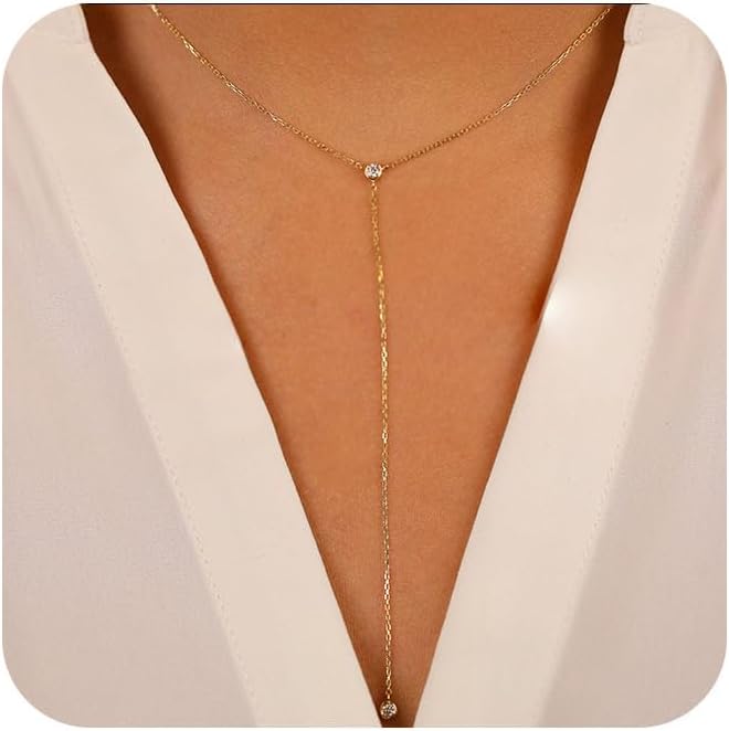 Treasure Bender Lariat Gold Necklace for Women Dainty Long 14K Gold Plated Y-Shaped Body Chain Choker Necklace Trendy Non Tarnish Pendant Simple Layered Necklaces Gold Jewelry for Women Set Gift - Image 1
